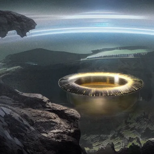 Prompt: a beautiful landscape inside a halo ring, with a mysterious structure protruding on the side of a cliff