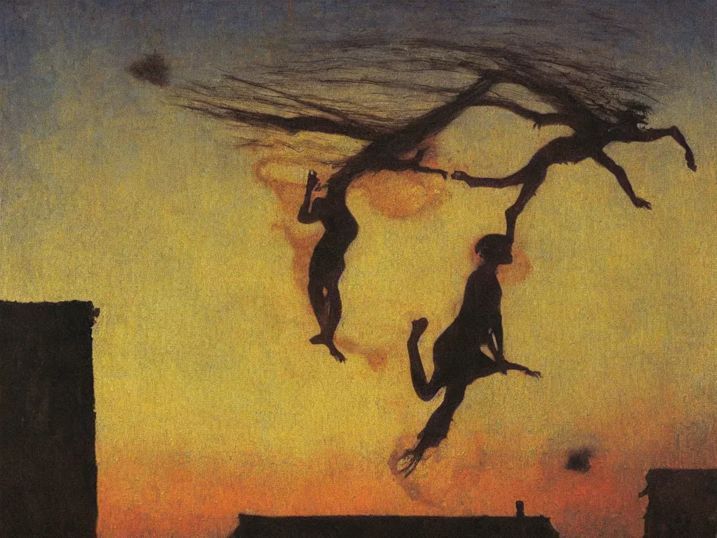 Image similar to painting by mikalojus konstantinas ciurlionis. devil jumping from roof to roof. sunset.