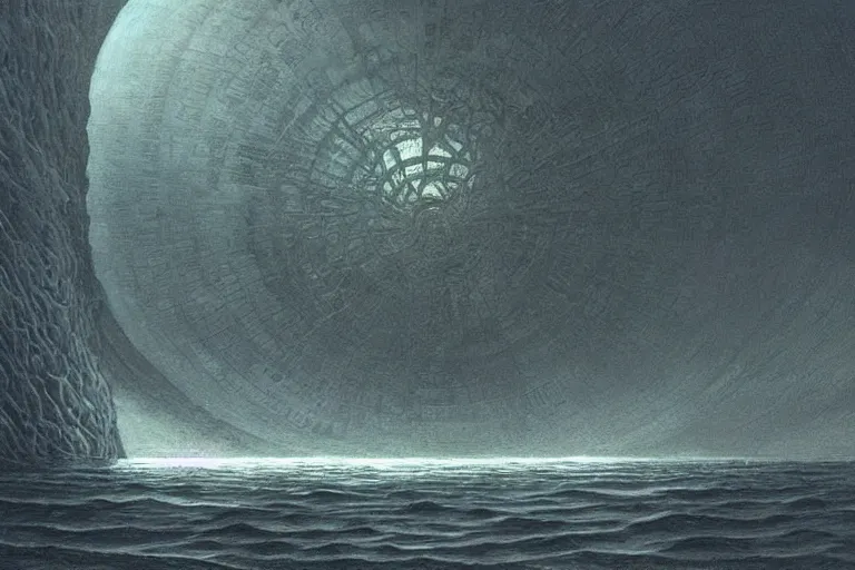 Image similar to intricate, 3 d, reflective dome just under the surface of the ocean, style by caspar david friedrich and wayne barlowe and ted nasmith.