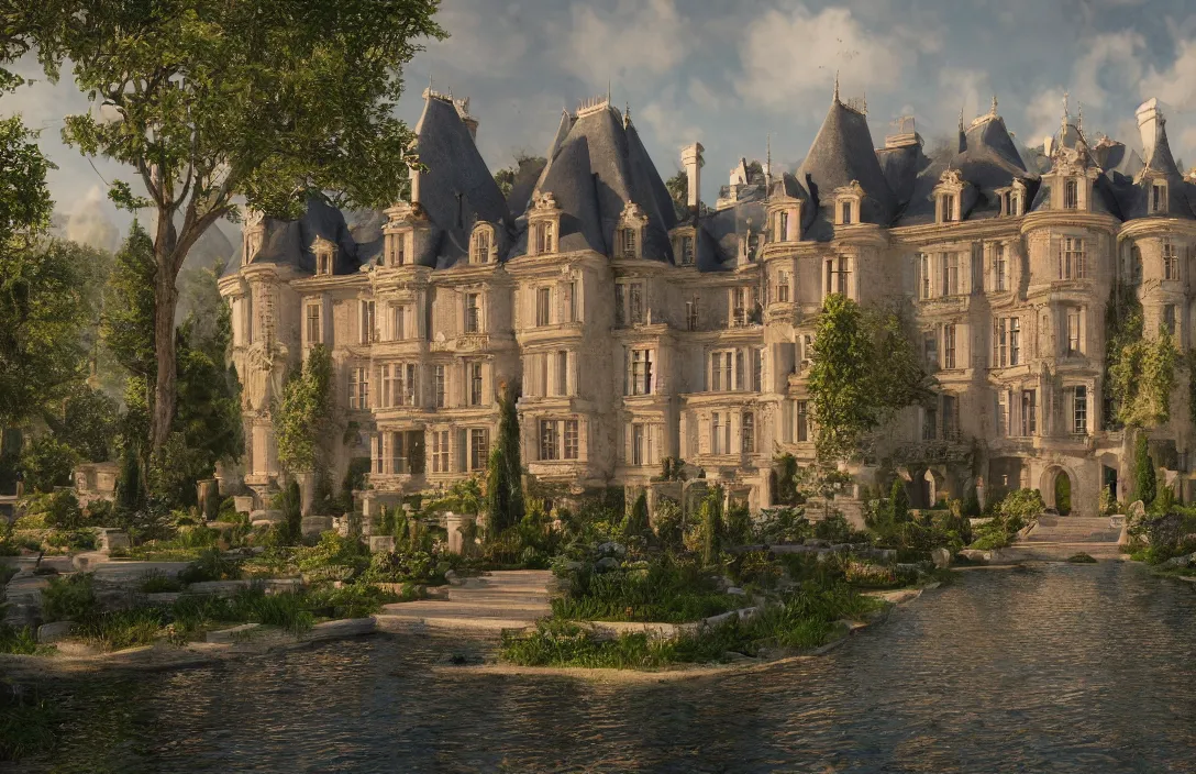 Image similar to a hyper realistic professional photographic view picture of a french chateau filter unreal engine 5 realistic hyper detailed 8k ultradetail cinematic concept art volumetric lighting, fantasy artwork, very beautiful scenery, very realistic painting effect, hd, hdr, cinematic 4k wallpaper, 8k, ultra detailed, high resolution, artstation trending on artstation in the style of Albert Dros glowing rich colors powerful imagery nasa footage drone footage drone photography