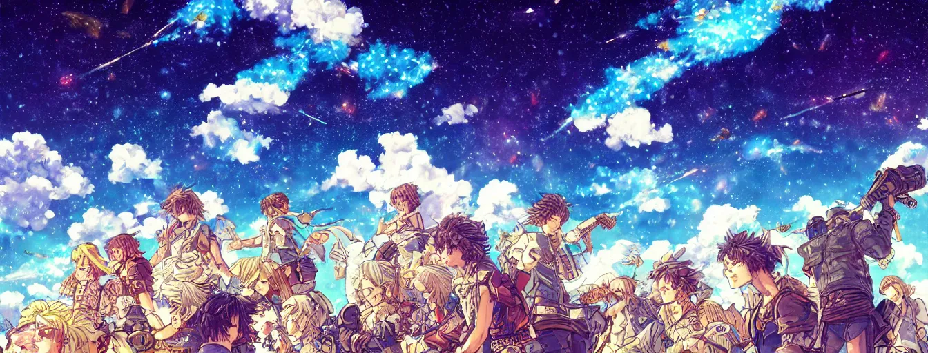 Prompt: a sky full of meteors midday. hyperrealistic anime background illustration by kim jung gi, colorful, extremely detailed intricate linework, smooth, super sharp focus, bright colors, high contrast, matte, octopath traveler, unreal engine 5 highly rendered, global illumination, radiant light