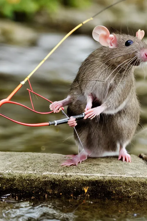 Image similar to 35mm photo of a rat holding a fishing pole at a riverbank, rat, fishing pole, water, well lit