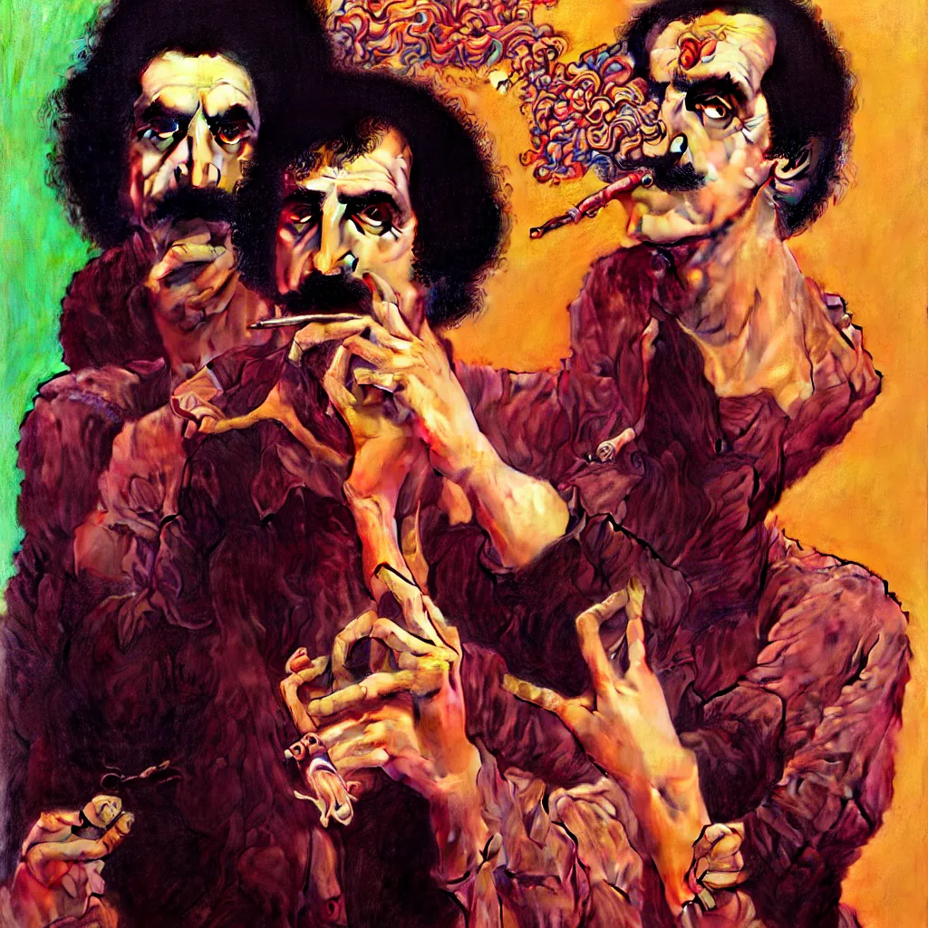 Prompt: weird and disturbing portrait of frank zappa smoking, vivid colors, neon, art by ( ( ( kuvshinov ilya ) ) ) and wayne barlowe and gustav klimt and artgerm and wlop and william - adolphe bouguereau