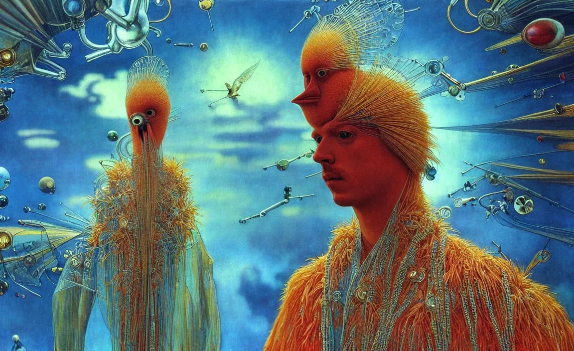 Image similar to realistic detailed portrait movie shot of a birdman wearing reflective transparent robes, sci fi city landscape background by denis villeneuve, amano, yves tanguy, alphonse mucha, ernst haeckel, max ernst, roger dean, masterpiece, rich moody colours, blue eyes