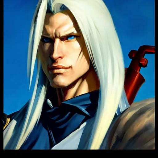 Image similar to Greg Manchess portrait painting of Sephiroth from FFVII as Overwatch character, medium shot, asymmetrical, profile picture, Organic Painting, sunny day, Matte Painting, bold shapes, hard edges, street art, trending on artstation, by Huang Guangjian and Gil Elvgren and Sachin Teng