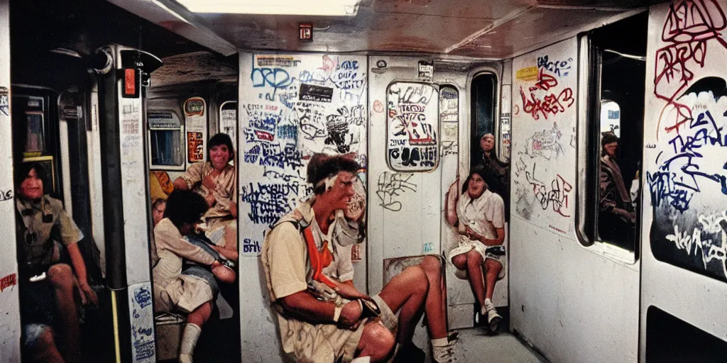 Prompt: new york subway cabin 1 9 8 0 s inside all in graffiti, 1 9 8 0 s policeman with the k - 9 dog, coloured film photography, christopher morris photography, bruce davidson photography