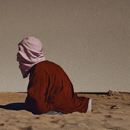 Prompt: the healing of a metaphorical man wearing a white balaclava, healing, appeasing, infinite urban desert, a city made of sand, guerilla, photojournalism, war photography, brown desert, minimalist, oil painting, by francis bacon, emotional conflict, hd, 8 k