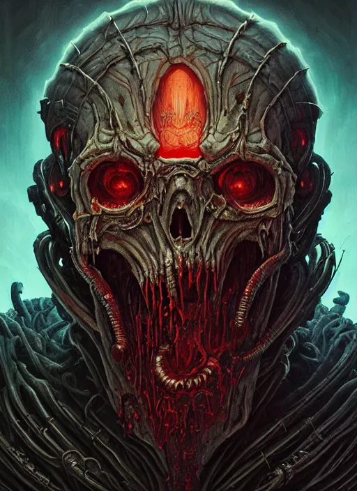 Image similar to epic doom undead monarch, highly detailed portrait concept art, josan gonzalez, greg rutkowski, h. r. giger, zdizslaw beksinski, threyda, majestic cinematic masterpiece, psychedelic backlit, movie poster character, intricate, biomechanical, smooth, trending on cgsociety