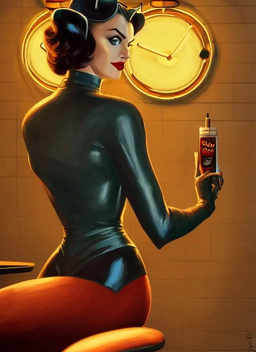 Prompt: catwoman, in a classic 5 0 s diner, misty, atmospheric, riverdale, intricate, elegant, glowing lights, highly detailed, digital painting, artstation, sharp focus, illustration, art by akseli gallen kallela