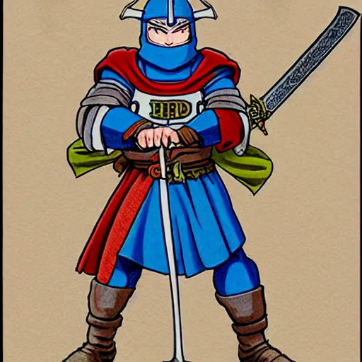 Image similar to medieval holy crusader beaver, original Akira Toriyama character design, holding an enormous sword, color pencil sketch, Akira Toriyama style