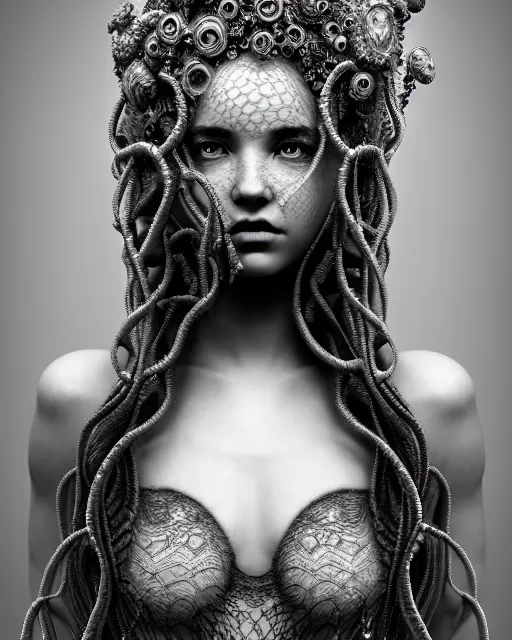 Image similar to surreal mythical dreamy artistic black and white fine art photo of a beautiful young female queen - medusa - cyborg covered with lace fish scales and translucent algae, highly detailed, intricate crystal ivy lace jelly fish scales ornate, poetic, octane render, 8 k, photo - realistic