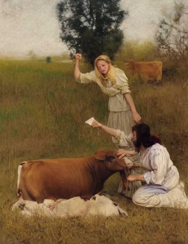 Image similar to portrait of peasant girl petting a cow on a farm, cottage core, polaroid photo bleached vintage pastel colors high - key lighting, soft lights, foggy, by steve hanks, by lisa yuskavage, by serov valentin, by tarkovsky, 8 k render, detailed, oil on canvas