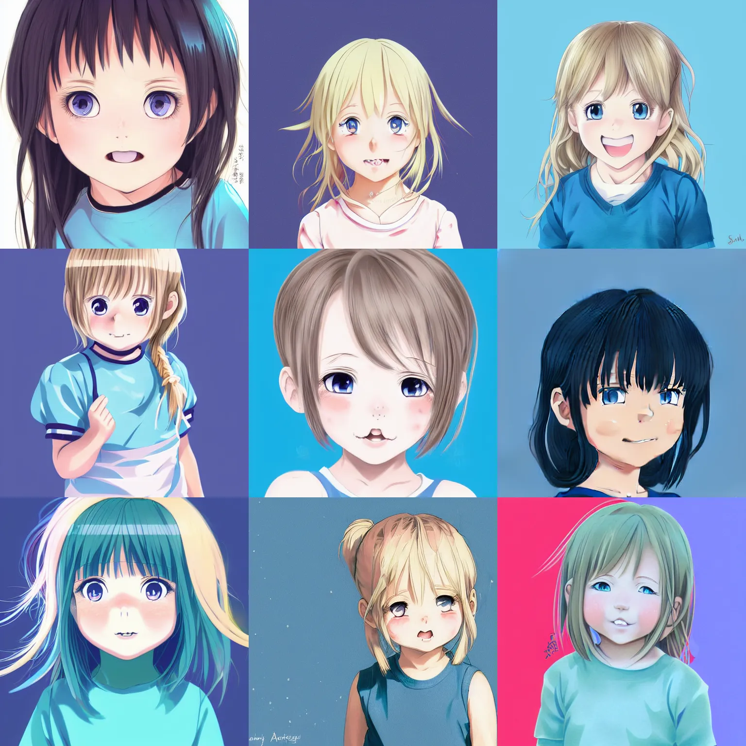 Prompt: A medium shot anime portrait of a little smiling anime girl child with thin wavy light blonde hair and light blue eyes, blue-eyed, chubby face, very young, toddler, medium shot portrait, her whole head fits in the frame, solid color background, flat anime style shading, head shot, 2d digital drawing by Stanley Artgerm Lau, WLOP, Rossdraws, James Jean, Andrei Riabovitchev, Marc Simonetti, and Sakimi chan, trending on artstation