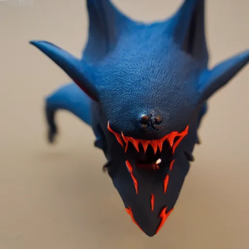 Image similar to detailed full body of scary giant mutant dark blue humanoid pygmy-bat, glowing red eyes, sharp teeth, acid leaking from mouth, realistic, giant, bat ears, bat nose, bat claws, bat wings, furred, covered in soft fur, detailed, 85mm f/1.4