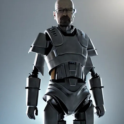 Image similar to Full body render of Walter White in futuristic battle armor with shields, 4k octane render, highly detailed