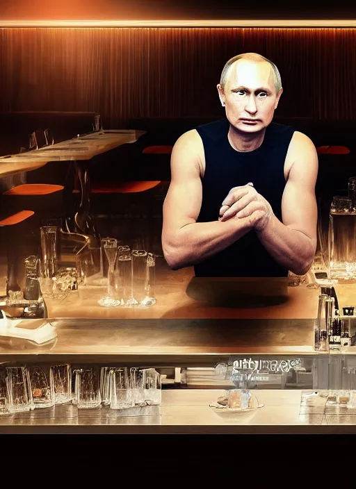 Image similar to a professional photo of person looking like vladimir putin sitting on bar, hand on table, wear watches looking like rolex watches, taken in night club, blur background