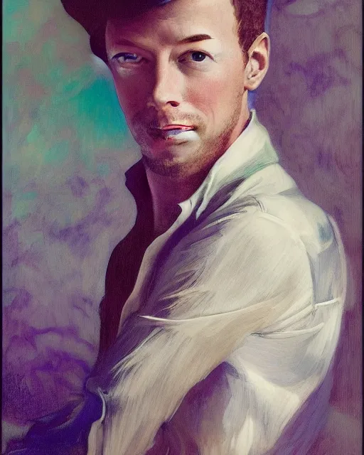 Prompt: chris martin from coldplay, portrait painting by john singer sargent, scott burdick, richard schmid, studio ghibli, loish, alphonse mucha, fashion photography