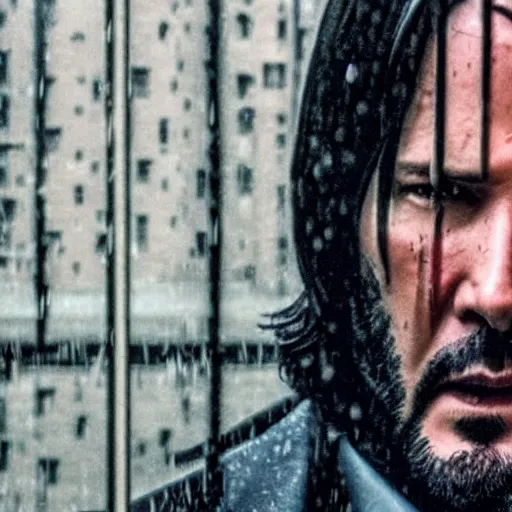 Image similar to john wick behind a window in the rain