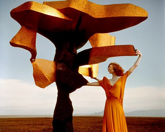 Prompt: by bruce davidson, by andrew boog faithfull redscale photography evocative. a beautiful kinetic sculpture of a gold and obsidian brutalist exploded humanoid diagram tree of evolutuon - like creature, standing in front of a castle atop a cliff.