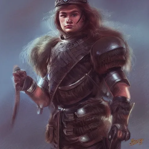 Prompt: a british longhair sodier with armor in the war, by stanely artgerm