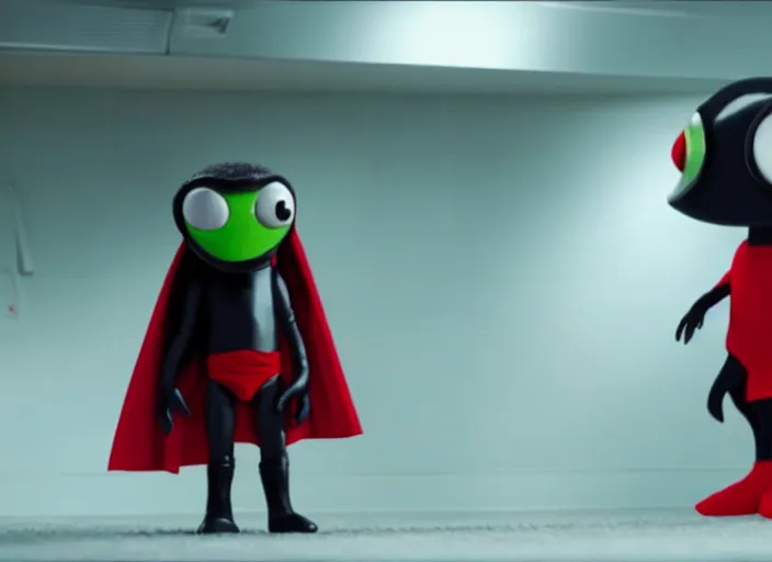 Image similar to film still of nibbler, a small black alien with a single antennae on his head, large eyes and 2 fangs wearing a diaper and red cape in the new scifi movie, 4 k