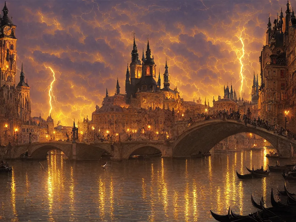 Image similar to a view from the river a city resembling prague, paris, and venice at night with a sky full of lightning, intricate, elegant, highly detailed, digital painting, artstation, concept art, smooth, sharp focus, colored illustration for tattoo, art by thomas kincade, krenz cushart and artem demura and alphonse mucha,