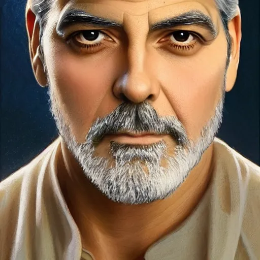 Image similar to George Clooney, highly detailed, digital painting, artstation, concept art, smooth, sharp focus, illustration, ArtStation, art by artgerm and greg rutkowski and alphonse mucha and J. C. Leyendecker and Edmund Blair Leighton and Katsuhiro Otomo and Geof Darrow and Phil hale and Ashley wood and Ilya repin and Charlie Bowater