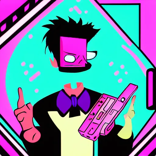 Image similar to a cartoon of a man holding a pink keyboard, cyberpunk art by Jamie Hewlett, tumblr contest winner, funk art, synthwave, retrowave, vaporwave