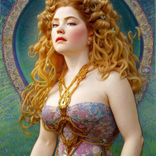 Image similar to Epic Masterpiece head and shoulders portrait of Miss Piggy drawn by Donato Giancola and Tom Bagshaw, Edmund Leighton, Alphonse Mucha, background by James Jean and Gustav Klimt, 4k, porcelain skin, volumetric lighting, komorebi, french nouveau, trending on artstation, octane render, hyperrealistic