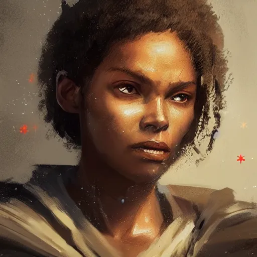 Image similar to portrait of a woman by greg rutkowski, young jedi knight, black, afro hair, pretty, star wars expanded universe, she is about 2 0 years old, wearing jedi robes, highly detailed portrait, digital painting, artstation, concept art, smooth, sharp foccus ilustration, artstation hq