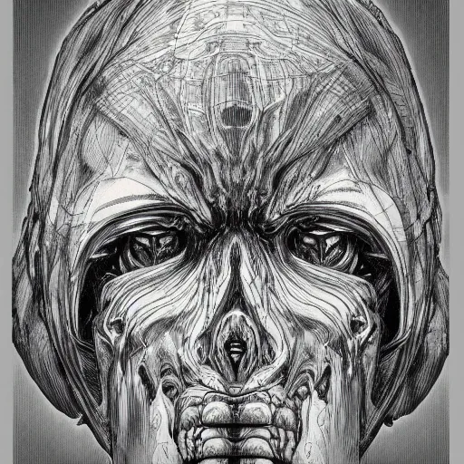 Image similar to iconic hybrid infected mushroom sentinel head closeup album hyper detailed concept art crosshatch sketch illustration art style by Jonathan Wayshak and Toshihiro Egawa and Moebius and Artstation trending 8k