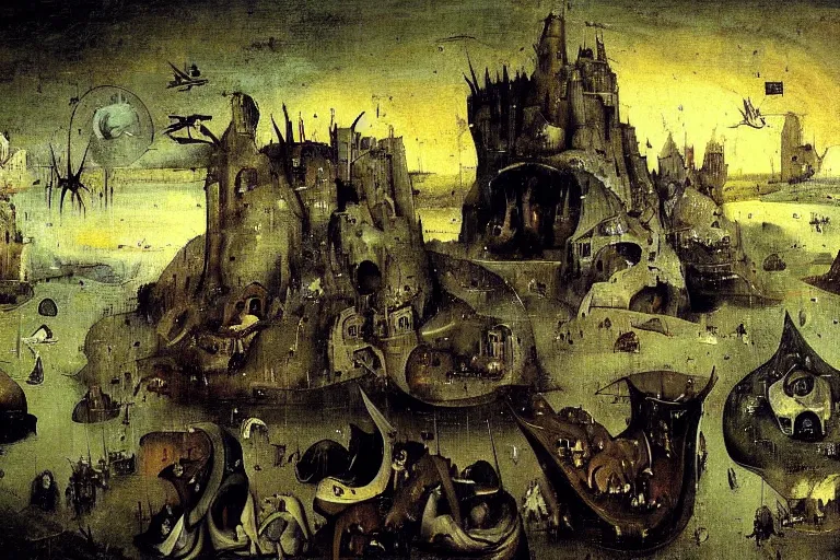 Image similar to dark souls landscape painted by hieronymus bosch