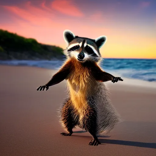 Prompt: an anthropomorphic raccoon salsa dancing at a beach during sunset, realistic photo, 4K HDR