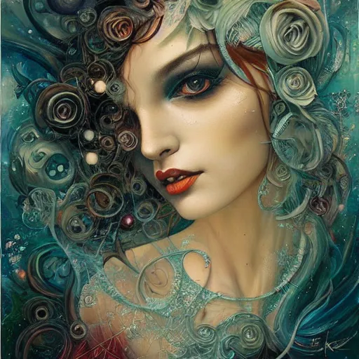 Prompt: the most beautiful girl in the world, portrait by Karol Bak and jeremiah ketner