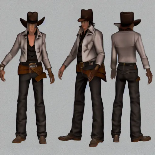 Prompt: model sheet of a wild west outlaw in a ps2 jrpg, 3d render