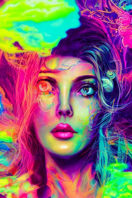 Prompt: a beautiful woman engulfed in colorful liquid clouds and neon smoke, extremely psychedelic experience, psilocybin, dmt, lsd, perfect face, synthwave, artstation, close - up, sharp focus, digital art, hana yata, and artem demura and beeple, lisa frank, cyberpunk, octane, unreal engine, 8 k