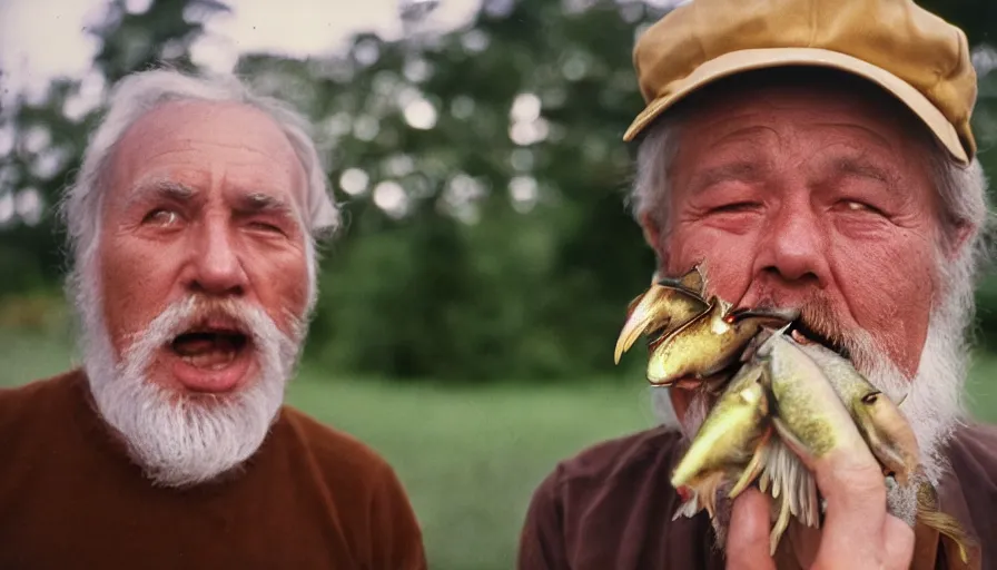 Prompt: 7 0 s movie still portrait of an old man. his mouth is full of fish. cinestill 8 0 0 t 3 5 mm technicolor, heavy grain, high quality, high detail