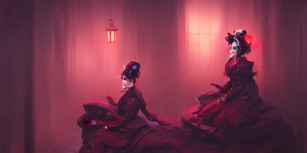 Image similar to lolita, alterd carbon, vampre the masquerade, geisha, neon, atmospheric, detailed intricate render, fibbonacci, dark atmosphere, detailed illustration, hd, 4 k, digital art, overdetailed art, surrealistic, by greg rutkowski, by loish, complementing colors, trending on artstation, deviantart