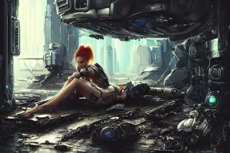 Image similar to Ultra realistic illustration, beautiful alluring damaged combat cyborg sitting on the floor of a smoldering crashed spaceship while being put back together in an super advanced military medical bay, cyberpunk, sci-fi, fantasy, intricate, elegant, highly detailed, digital painting, artstation, concept art, smooth, sharp focus, 8k, illustration, art by artgerm and greg rutkowski and alphonse mucha