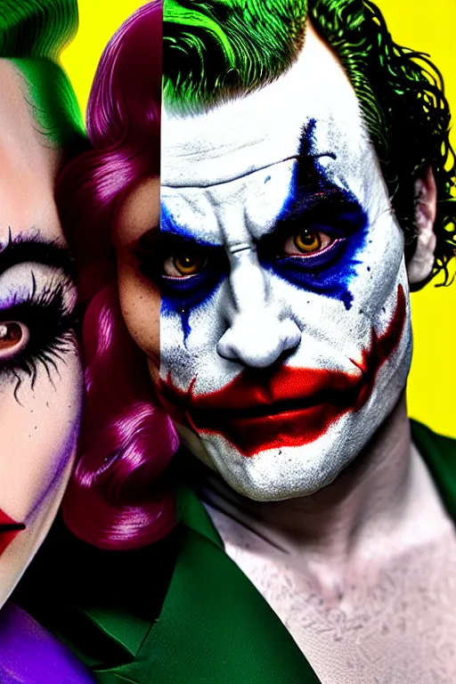 Image similar to joaquin phoenix joker with harley queen lady gaga, photorealistic, smooth, 4 k, aesthetic lighting, baroque object, sharp focus, hyperdetailed, professional photography, pullitzer winning, 8 0 0 photo by : canon eos 5 d mark iv, by karah mew and adnan abidi and jodie bateman