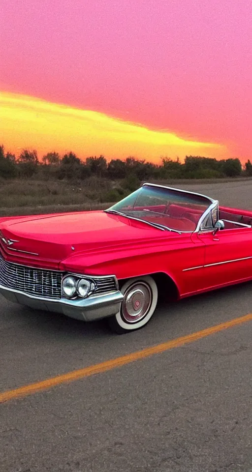 Prompt: far away photo of a 1 9 6 3 red cadillac convertible driving down an empty highway into a pink sunset, aesthetic, minimalist, realistic, surreal, by vincent van gogh