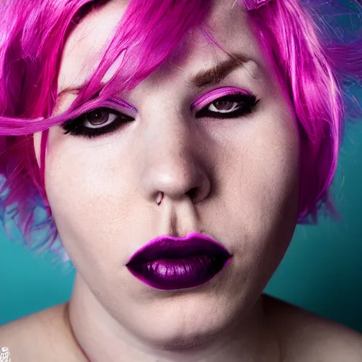 Image similar to a woman with pink hair, purple eyebrows, and a septum ring, editorial photography