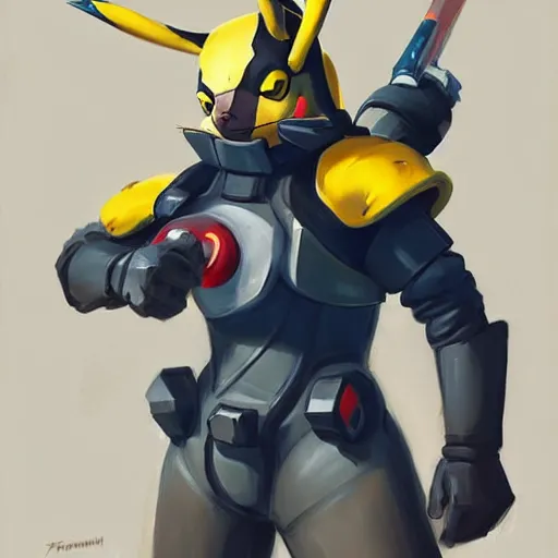 Image similar to greg manchess portrait painting of partially armored pikachu as overwatch character, medium shot, asymmetrical, profile picture, organic painting, sunny day, matte painting, bold shapes, hard edges, street art, trending on artstation, by huang guangjian and gil elvgren and sachin teng