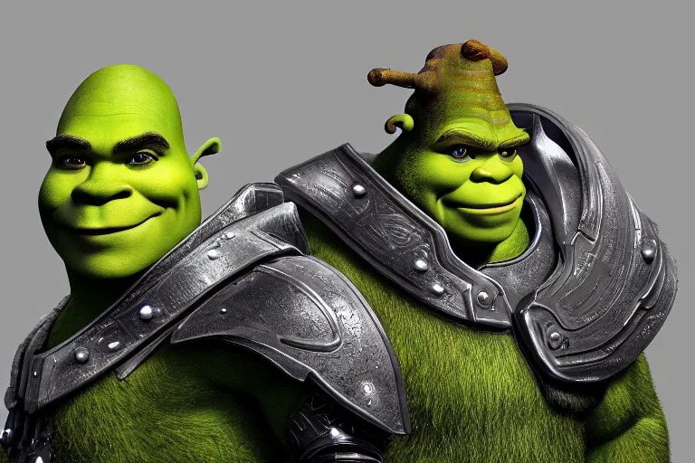 Prompt: Shrek wearing futuristic armor, with a bird on top of his head.. ultra-detailed, 8k, octane render