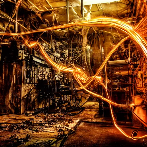 Image similar to oversized egg beater, tangles of metallic cables, dark messy smoke - filled cluttered workshop, dark, dramatic lighting, orange tint, sparks, plasma charges, cinematic, highly detailed, sci - fi, futuristic, movie still