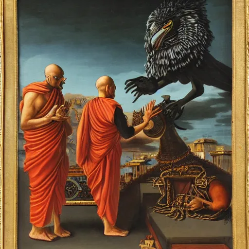 Prompt: hindu monks worshipping giant crow as devil on greek senete baroque painting, lionardo davinchi