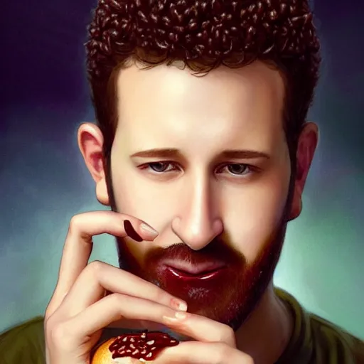 Image similar to portrait of dustin diamond eating hamburgers, extra onions and ketchup, luscious patty with sesame seeds, feminine ethereal, handsome, d & d, fantasy, intricate, elegant, highly detailed, digital painting, artstation, concept art, matte, sharp focus, illustration, art by artgerm and greg rutkowski and alphonse mucha