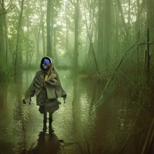 Image similar to thin little girl in a swamp wearing old gas mask. Water to her knees. Bayou. Dark Green forest. Late night. Cloudy. Foggy. Fireflies fly around