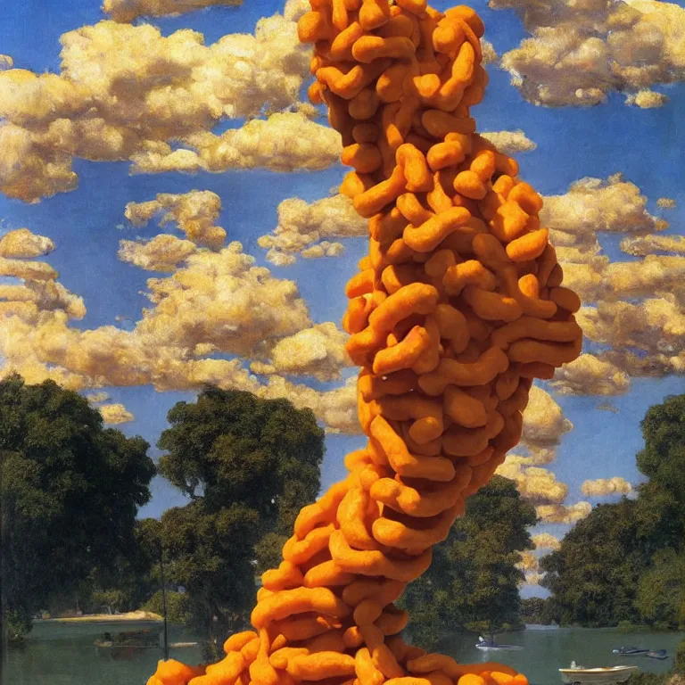 Prompt: A Monumental Public Sculpture of a Giant Human Head made out of Cheetos on a pedestal by the lake, surreal oil painting by John Singer Sargent and Maxfield Parrish shocking detail hyperrealistic studio lighting