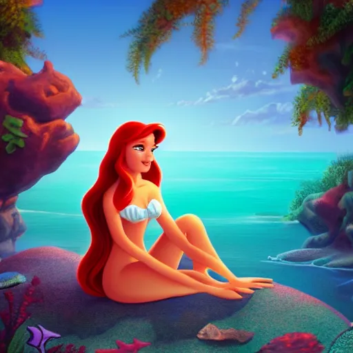 Prompt: the little mermaid sitting on a beach, vivid color, cartoon style, digital art, highly detailed, 8 k, cinematic lighting